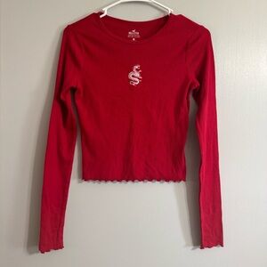 Hollister Red Fitted Long Sleeves Shirt in Size Medium